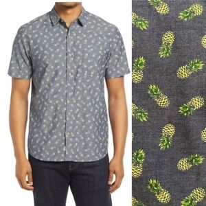 Marine Layer Casual Button Front Shirt Men's Chambray Pineapple Print Cotton
